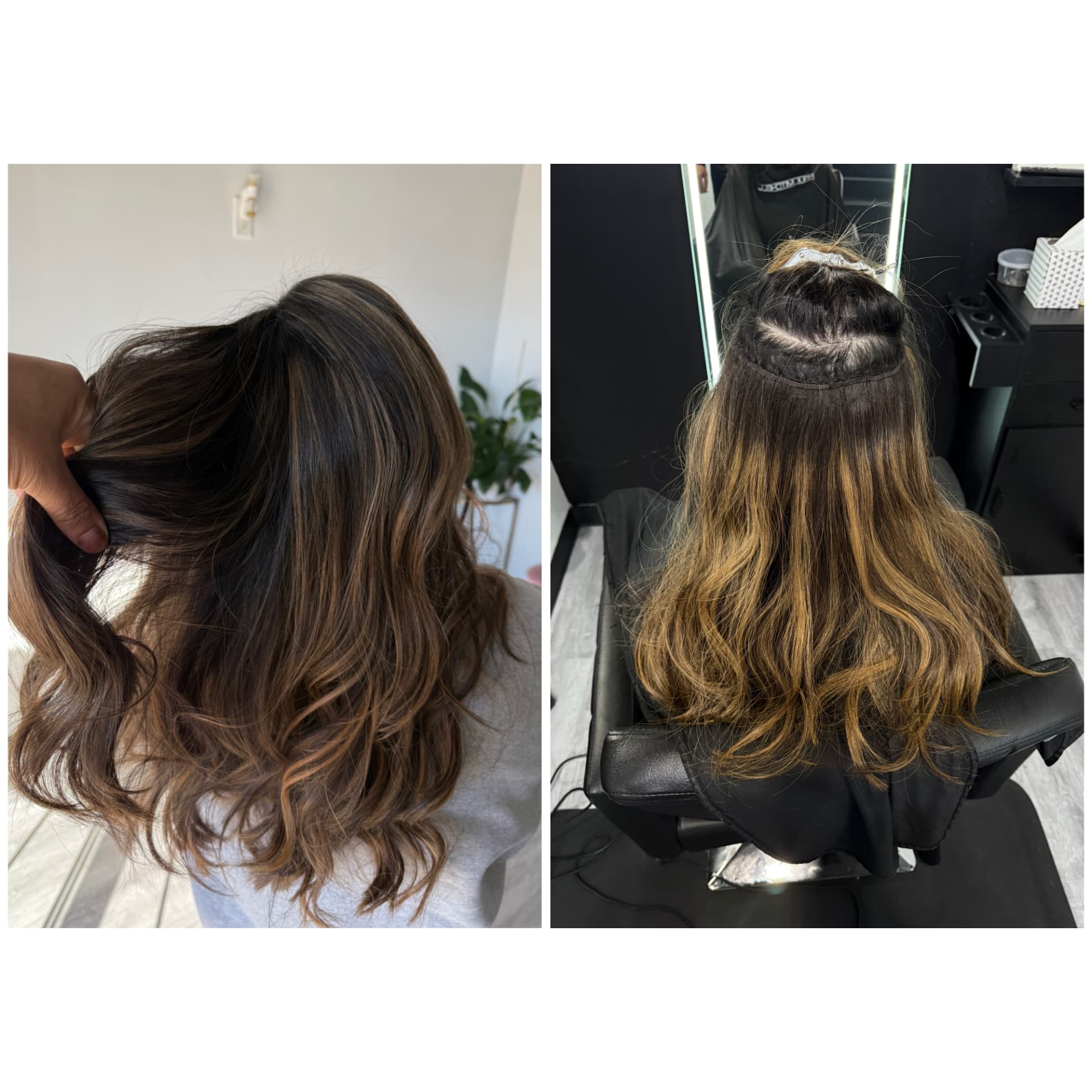 Extension install in progress and the finished wavy balayage result
