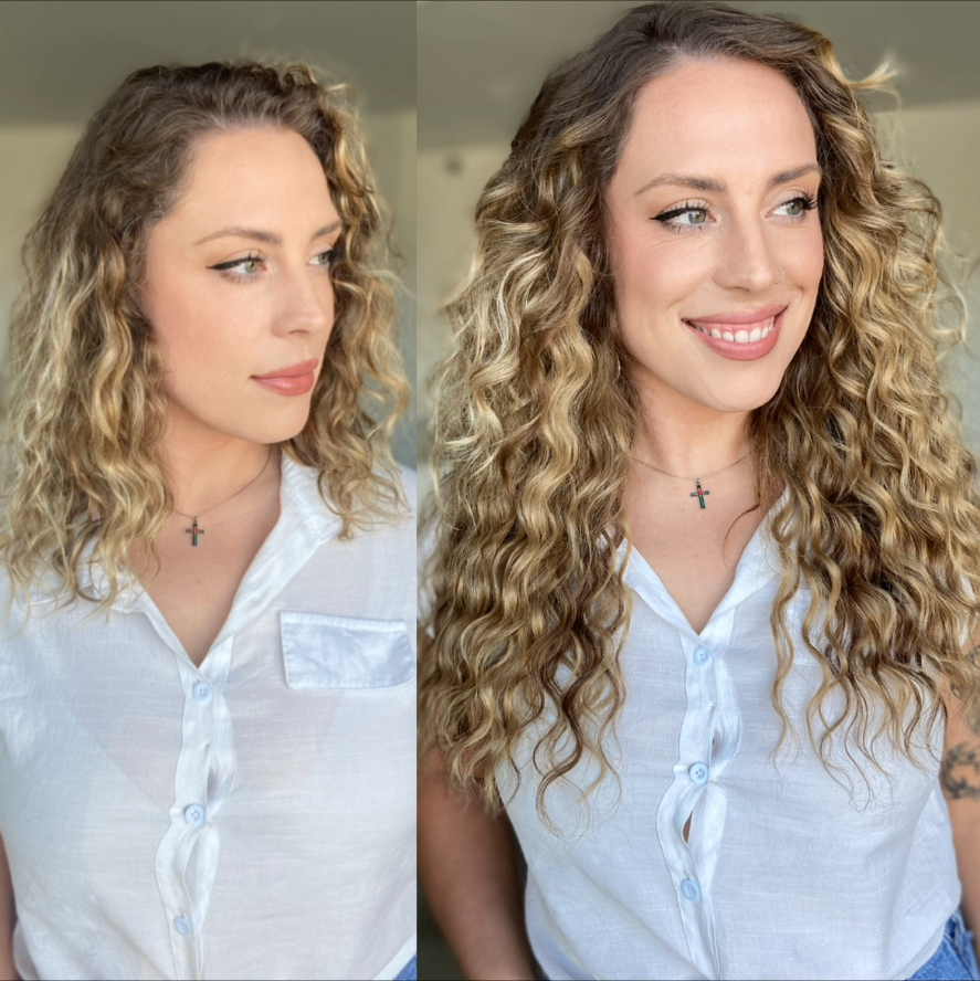 Before and after curly bronde transformation with hand-painted blonde highlights