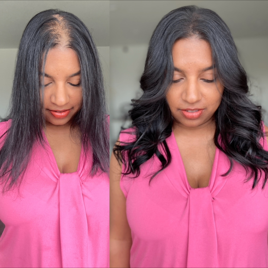 Before and after glossy black blowout with soft bouncy waves