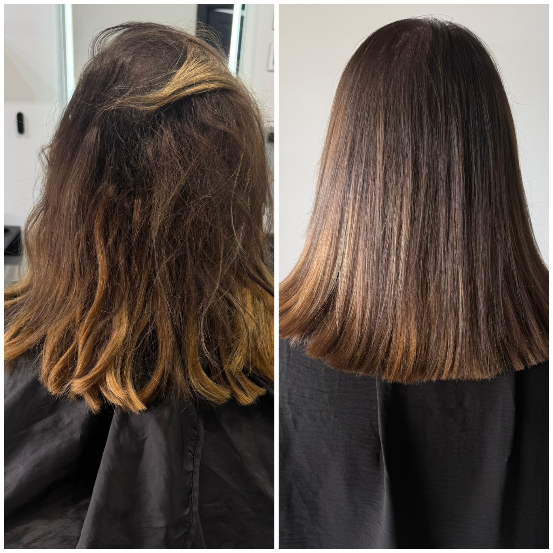 Before and after dimensional brunette transformation, finished sleek and glossy